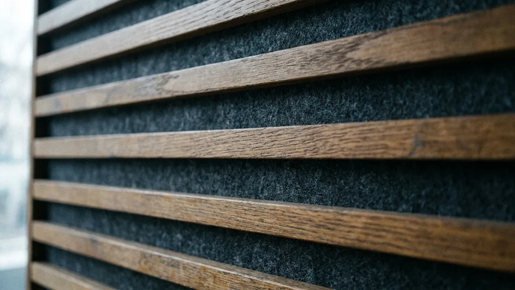 Detail einer Akustikpaneele aus Holzlamellen