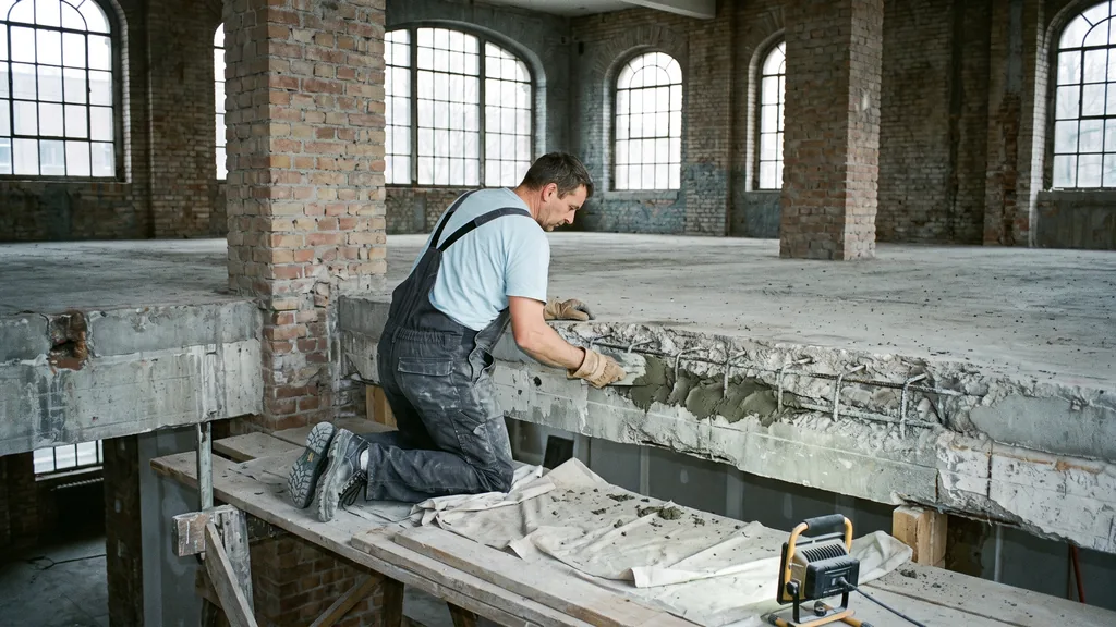 Betoninstandsetzung an einem freigelegten Betonunterzug im Industriedenkmal Salzmann in Kassel