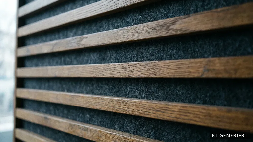 Detail einer Akustikpaneele aus Holzlamellen (KI-generiertes Bild)