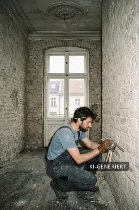 Entkernter Altbauraum mit Stuckdecke während der Sanierung (KI-generiertes Bild)