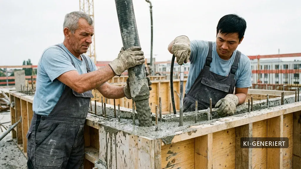 Beton- und Stahlbetonarbeiten: Betonage einer Wand (KI-generiertes Bild)