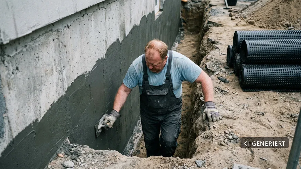 Kellerabdichtung im freigelegten Arbeitsgraben (KI-generiertes Bild)