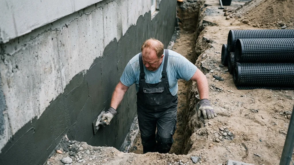 Kellerabdichtung im freigelegten Arbeitsgraben