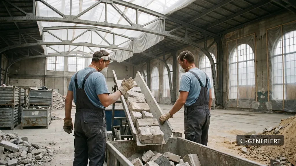 Rückbauarbeiten in der historischen Halle des Postbahnhofs in Berlin (KI-generiertes Bild)