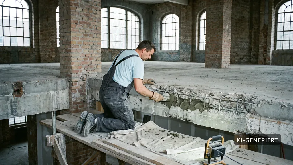 Instandsetzung an einem freigelegten Betonunterzug im Industriedenkmal Salzmann in Kassel (KI-generiertes Bild)