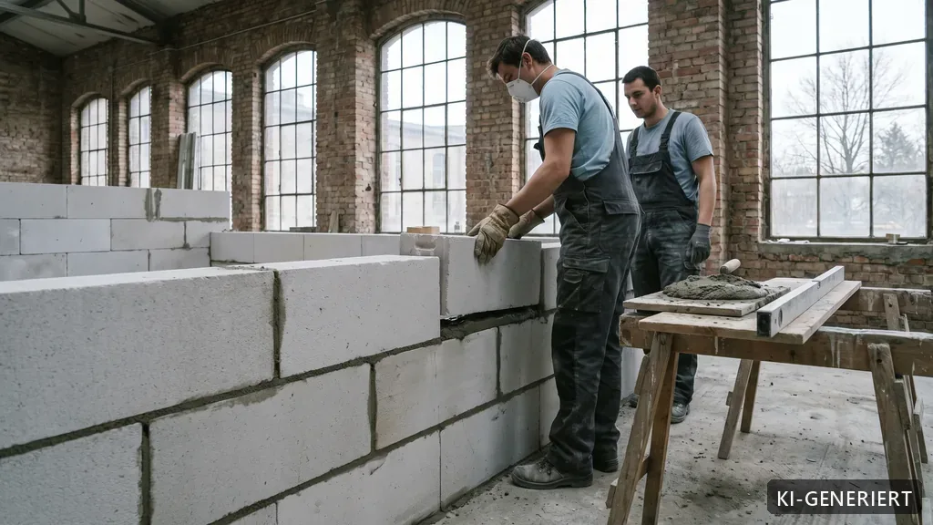 Neues Kalksandstein-Mauerwerk im entkernten Industriedenkmal Salzmann in Kassel (KI-generiertes Bild)